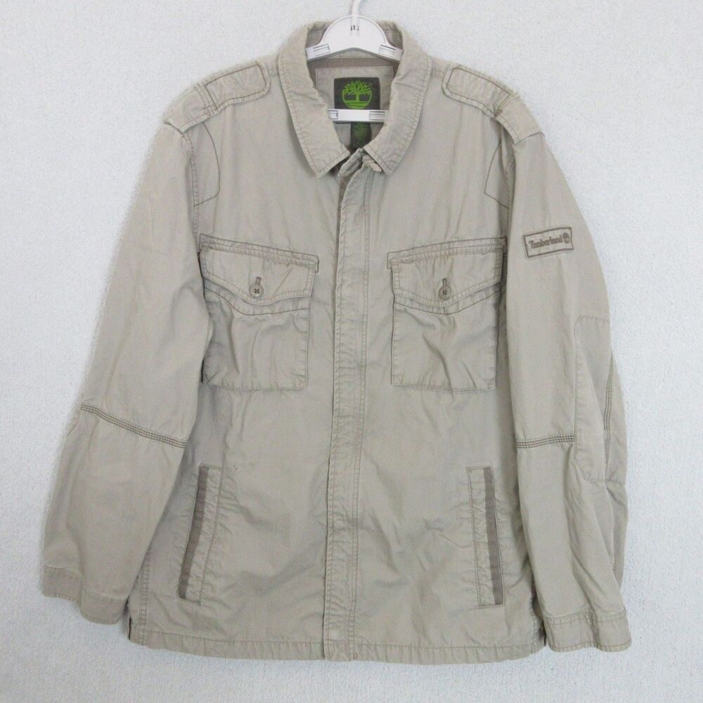 Timberland Utility Coat Field Jacket Mens XL Khaki Cotton Lightweight Zip Pocket